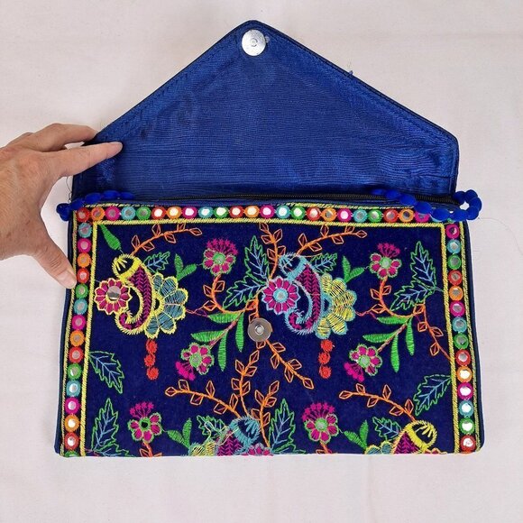 Navy Blue Clutch Bag Colorful Embroidery Elephants Floral Mirror Details NWOT - Picture 6 of 14